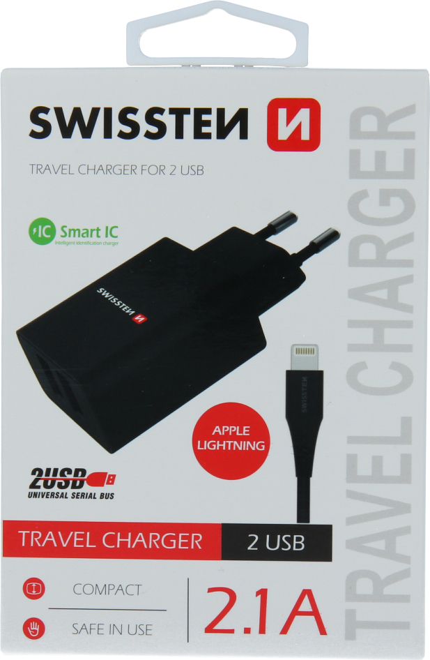 SWISSTEN SÍŤOVÝ ADAPTÉR SMART IC 2x USB 2,1A POWER + DATOVÝ KABEL USB / LIGHTNING 1,2 M ČERNÝ