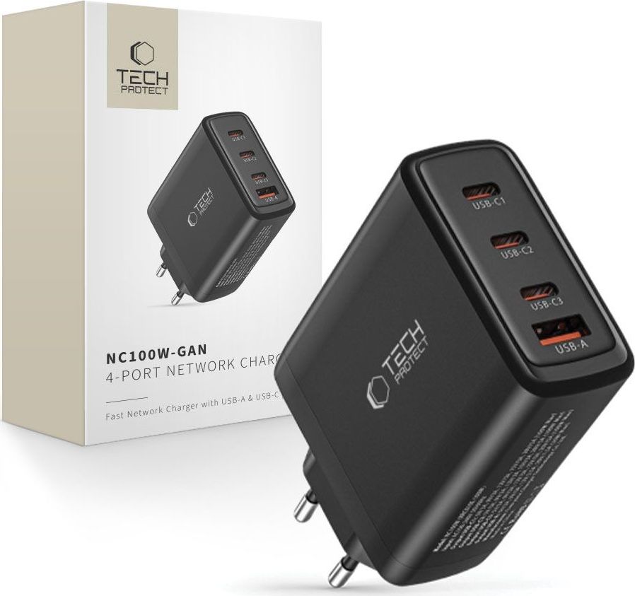TECH-PROTECT NABÍJECÍ SÍŤOVÝ ADAPTÉR NC100W-GAN 4-PORT NETWORK CHARGER PD100W/QC3.0 BLACK