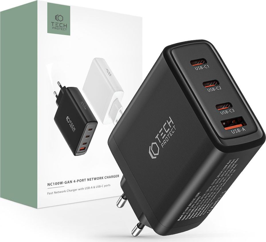 TECH-PROTECT NABÍJECÍ SÍŤOVÝ ADAPTÉR NC100W-GAN 4-PORT NETWORK CHARGER PD100W/QC3.0 BLACK