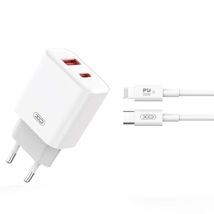 Rychlonabíječka XO CE12 PD QC 3.0 20W 1x USB 1x USB-C + kabel USB-C - Lightning, bílá