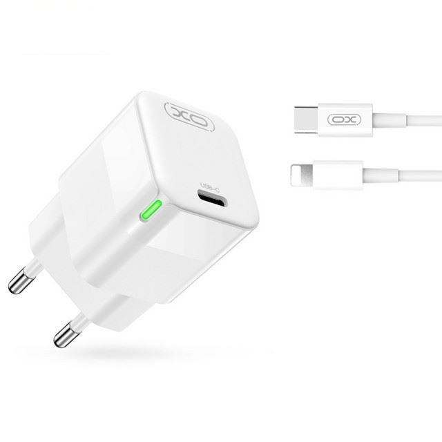 Rychlonabíječka XO CE06 PD 30W GaN 1x USB-C + kabel USB-C - Lightning, bílá