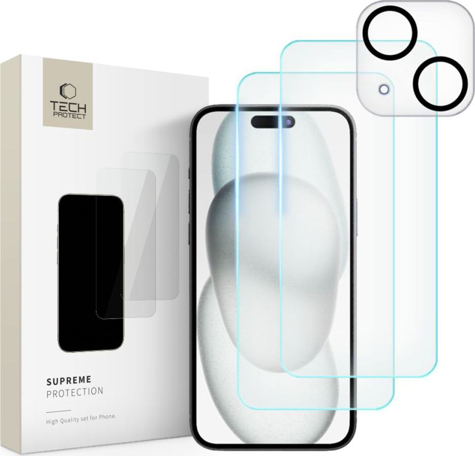 Tvrzené sklo TECH-PROTECT SUPREME SET 3-PACK IPHONE 15 CLEAR