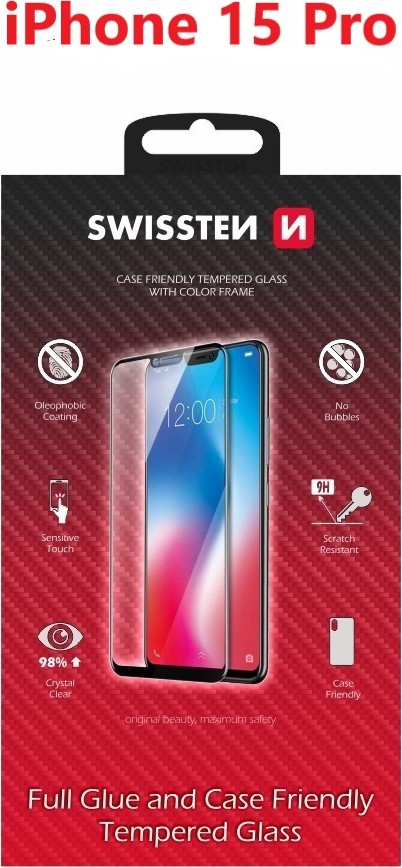 SKLO SWISSTEN FULL GLUE, COLOR FRAME, CASE FRIENDLY PRO APPLE IPHONE 15 PRO ČERNÉ
