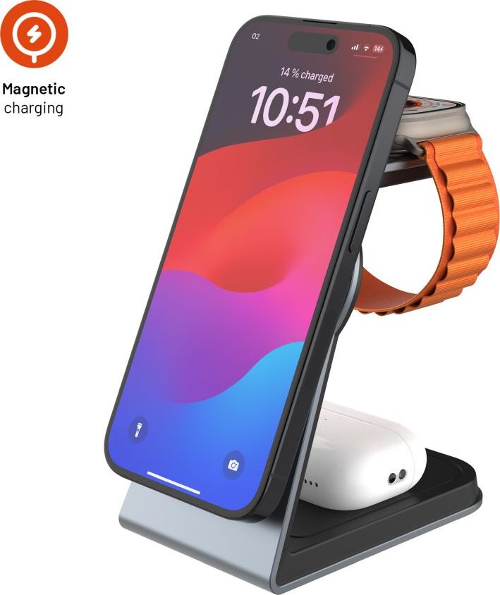 Stojánek s bezdrátovým nabíjením 3v1 FIXED MagPowerstation Alu s podporou MagSafe, 15W+3.5W+2.5W, space gray