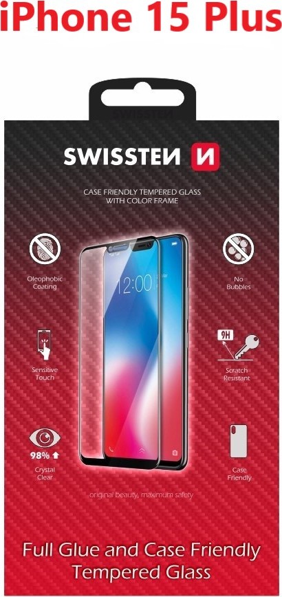 SKLO SWISSTEN FULL GLUE, COLOR FRAME, CASE FRIENDLY PRO APPLE IPHONE 15 PLUS ČERNÉ