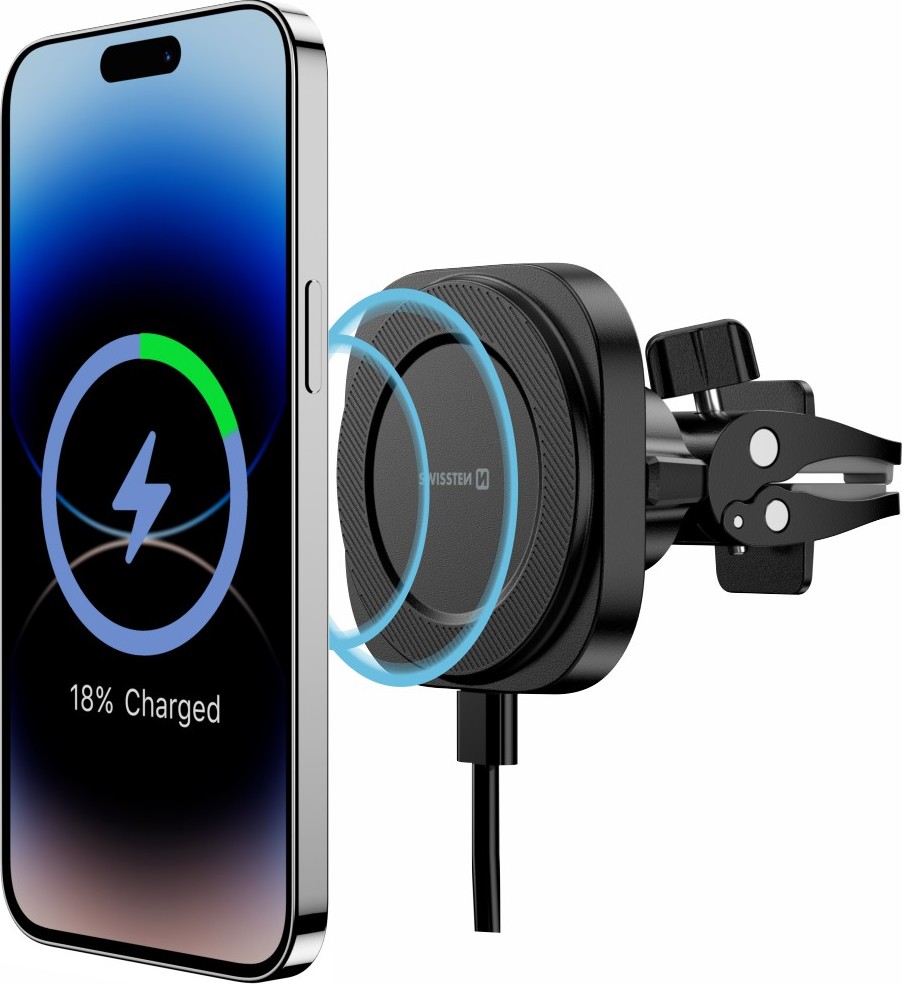 Magnetický držák do ventilace auta SWISSTEN MagStick compact s bezdrátovým nabíjením 15W/7,5W (kompatibilní s MagSafe)