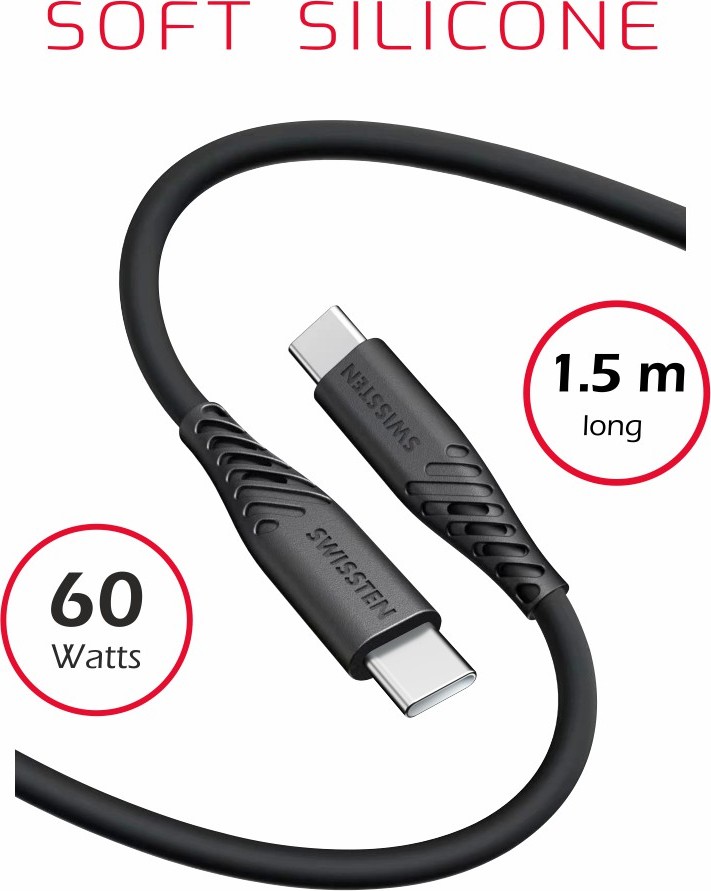 DATOVÝ KABEL SWISSTEN SOFT SILICONE USB-C / USB-C 1,5 M 60W ČERNÝ