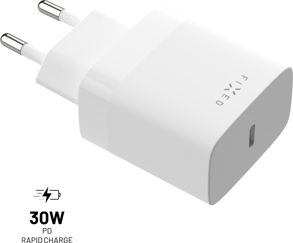 Síťová nabíječka FIXED s USB-C výstupem a podporou PD, 30W, bílá