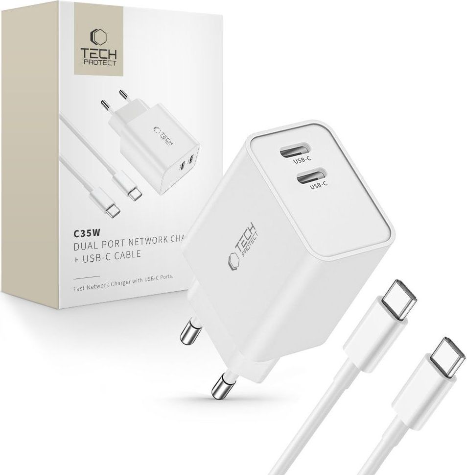 TECH-PROTECT C35W 2-PORT NETWORK CHARGER PD 35W + TYPE-C CABLE WHITE