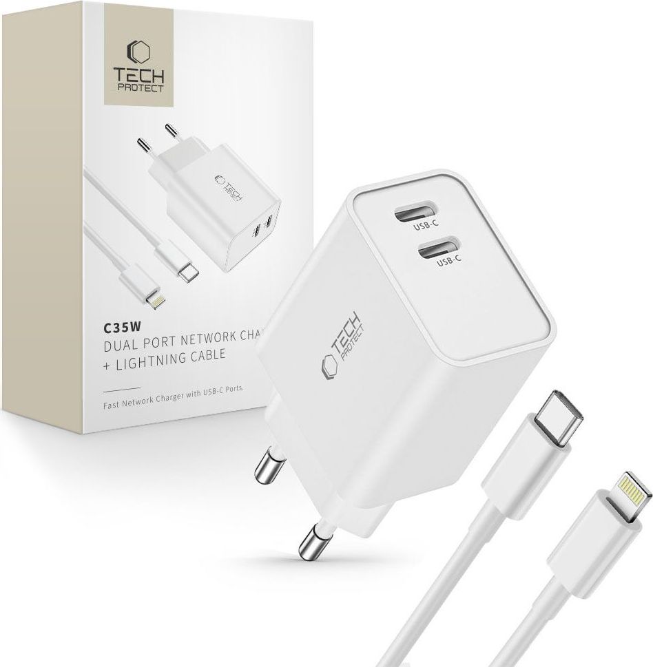 TECH-PROTECT C35W 2-PORT NETWORK CHARGER PD 35W + LIGHTNING CABLE WHITE