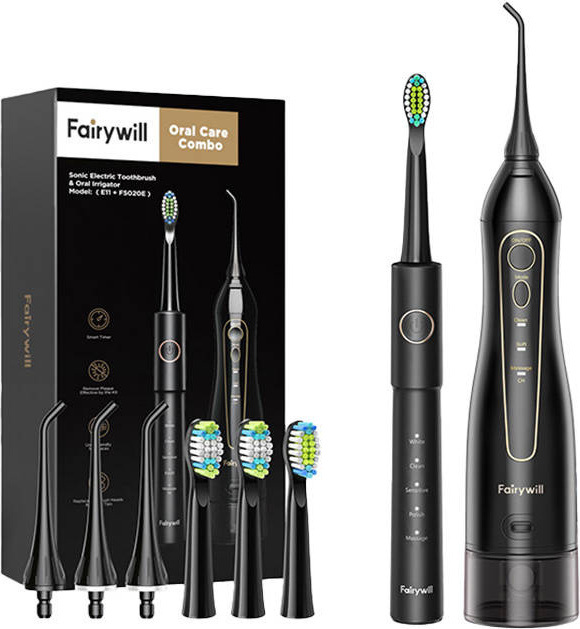 Sonický zubní kartáček se sadou koncovek a nádržkou na vodu FairyWill FW-5020E + FW-E11 (černý)