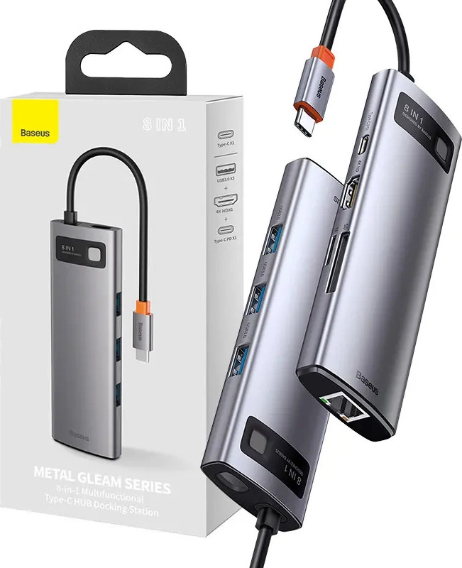 Baseus Metal Gleam Series 8-in-1 Multifunctional Type-C HUB Docking Station Gray(Type-C to HDMI*1+USB3.0*3+PD*1+RJ45*1+SD/TF*1)