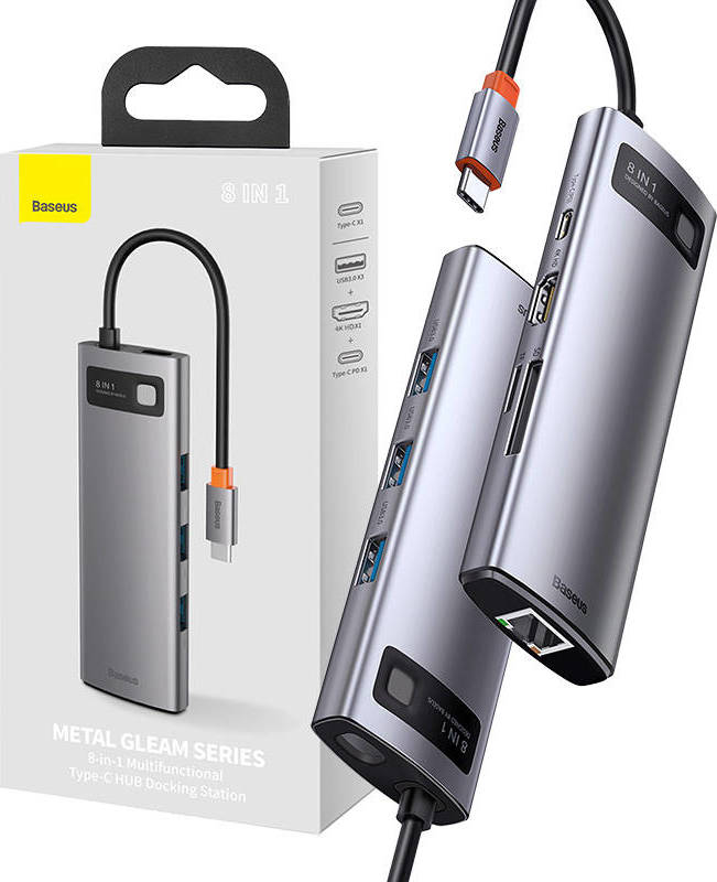 Hub 8v1 Baseus Metal Gleam Series, USB-C na 3x USB 3.0 HDMI USB-C PD Ethernet RJ45 microSD/SD