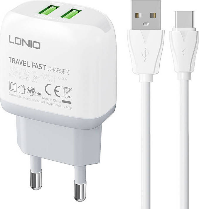 Síťová nabíječka LDNIO A2219 2USB + kabel USB-C