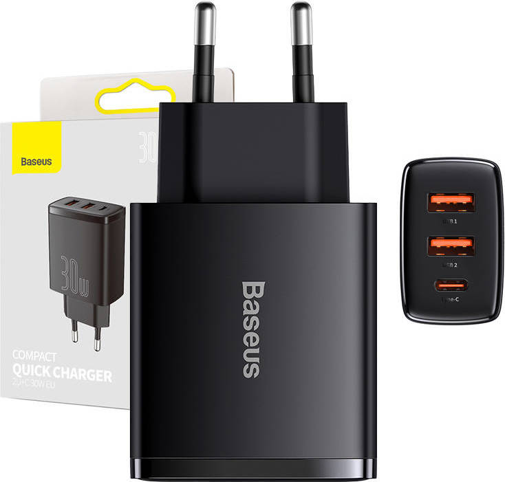 Nabíječka Baseus Compact Quick Charger, 2xUSB, USB-C, PD, 3A, 30W (czarna)