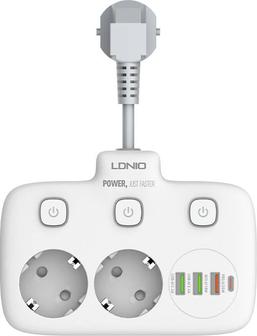 Napájecí lišta s 2 zásuvkami AC, 3x USB, USB-C, LDNIO SE2435, 2500W (bílá)