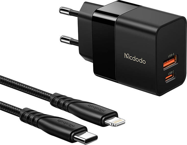 Nástěnná rychlonabíječka Mcdodo CH-1952 USB + USB-C, 20W + kabel USB-C na Lightning (černá)