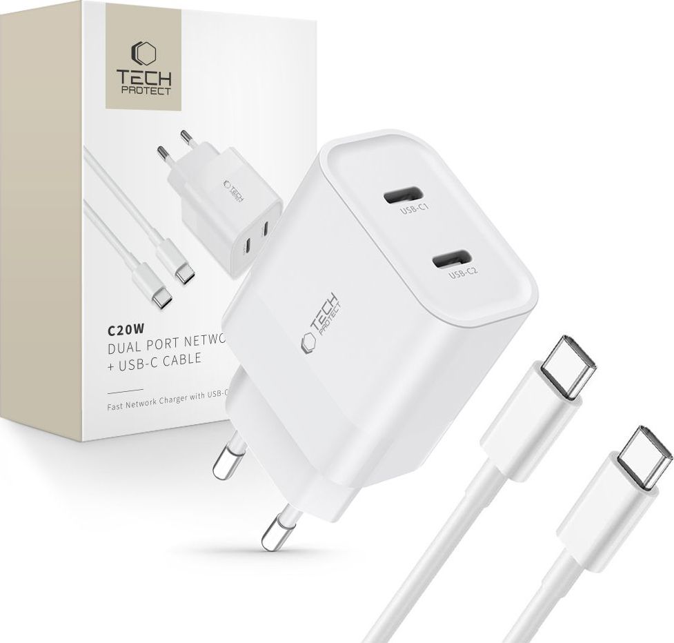 TECH-PROTECT C20W 2-PORT NETWORK CHARGER PD 20W + TYPE-C CABLE WHITE
