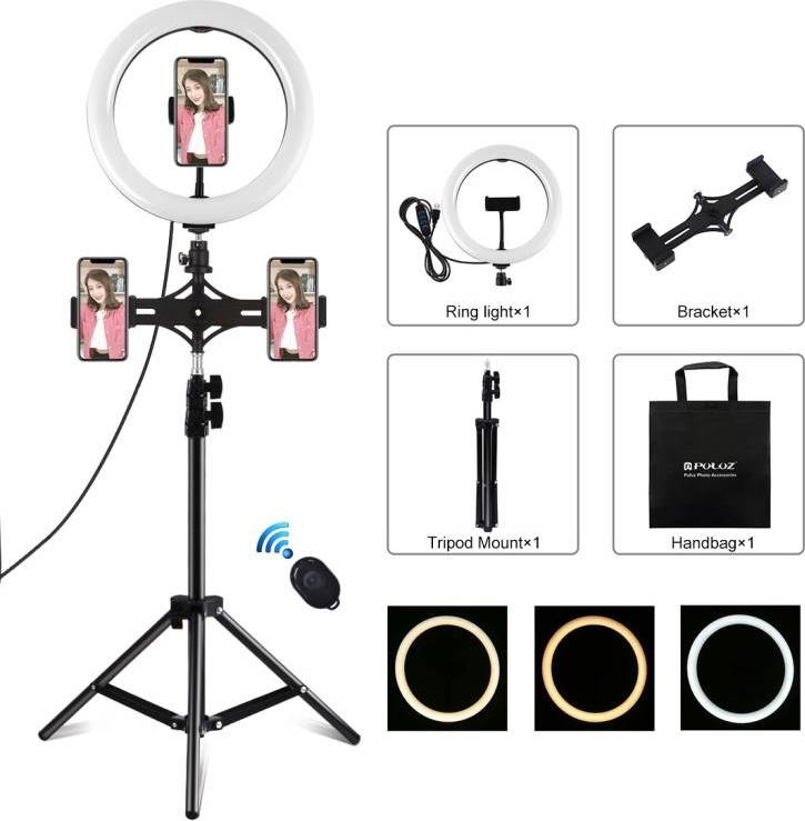 Stativový držák Puluz s 26cm LED Ringem (světlem) Vlogging , 1,1m výška PKT3070B
