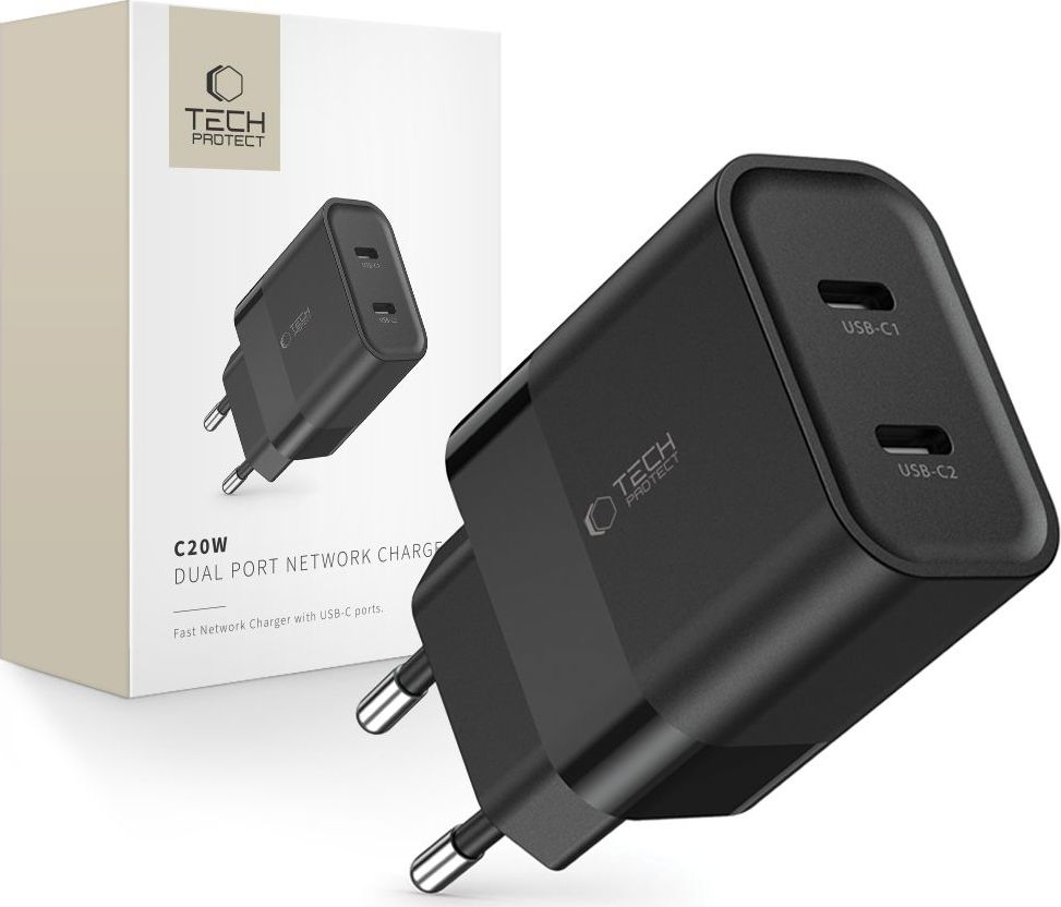 TECH-PROTECT C20W 2-PORT NETWORK CHARGER PD 20W BLACK