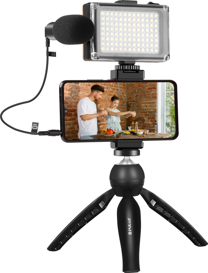 Sada pro živé vysílání Puluz držák na stativ + LED lampa + mikrofon + svorka na telefon