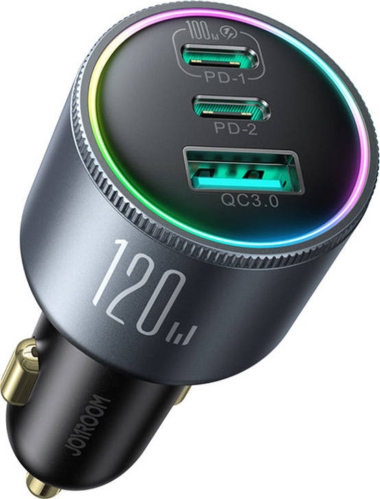 Nabíječka do auta Joyroom JR-CCN07, 2x port USB-C 1x port USB, QC 3.0, 120 W, (šedá)