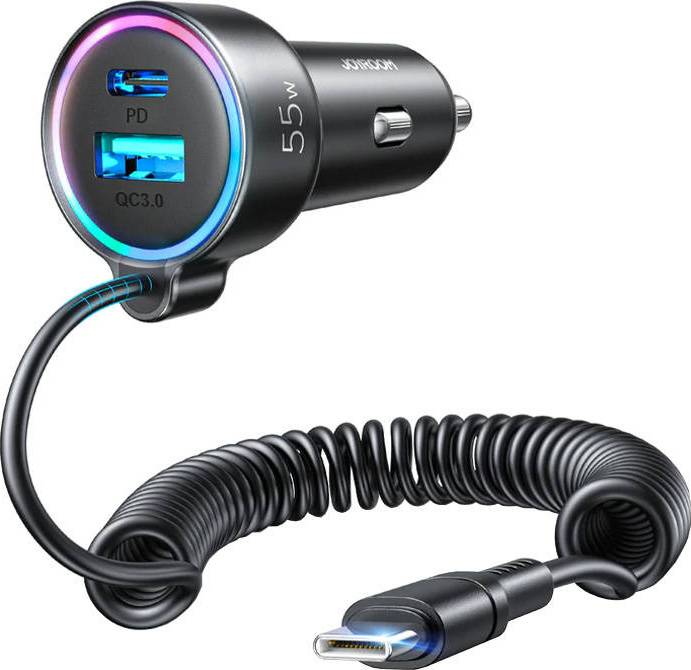 Nabíječka do auta Joyroom JR-CL07, 3 v 1, 1x USB + 1x PD, 55W + kabel Type-C (černá)