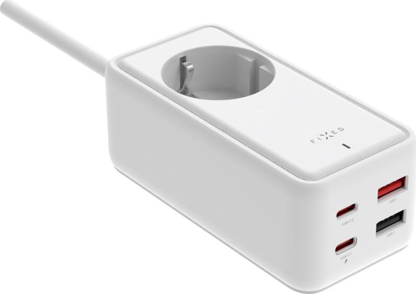 Síťový prodlužovací adaptér FIXED Charging Strip s 2x USB-C a 2x USB, GaN III, 1.5m, PD 65W, bílý