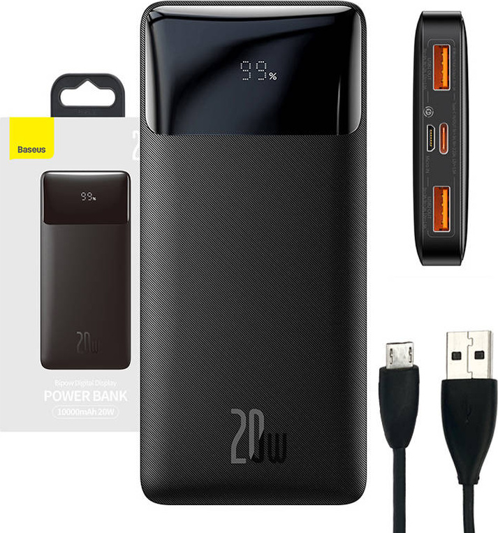 Baseus Bipow Fast Charging Power Bank 10000mAh 20W Black (Overseas Edition) + USB-A - Micro USB 0.25m Black Cable (PPBD050301)