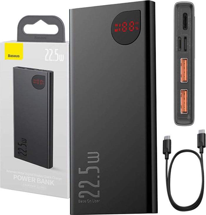 Powerbanka Baseus Adaman Metal, 10000mAh, 2xUSB, USB-C, Lightning, MicroUSB 22,5W (černá)