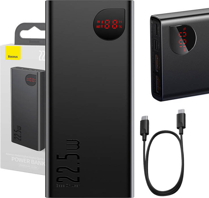 Powerbanka Baseus Adaman Metal, 20000mAh, 2xUSB, USB-C, Lightning, microUSB 22,5W (černá)