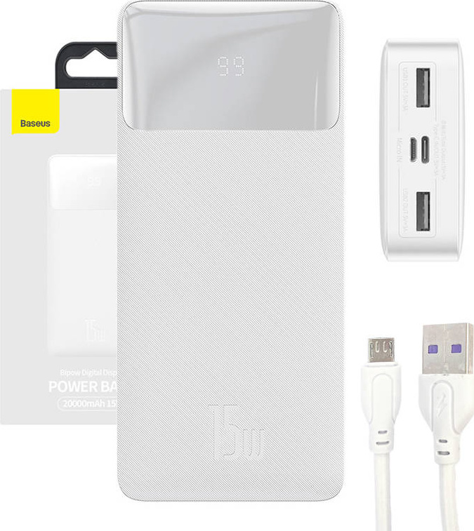 Baseus Bipow fast charging power bank 20000mAh 15W white (Overseas Edition) + USB-A - Micro USB cable 0.25m white (PPBD050102)