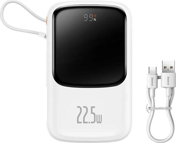 Baseus Qpow Digital Display powerbank with fast charging 10000mAh 22.5W QC/PD/SCP/FCP with built-in USB-C cable white