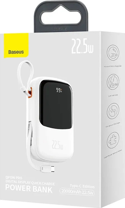 Baseus Qpow Digital Display powerbank with fast charging 20000mAh 22.5W QC/PD/SCP/FCP with built-in USB-C cable white