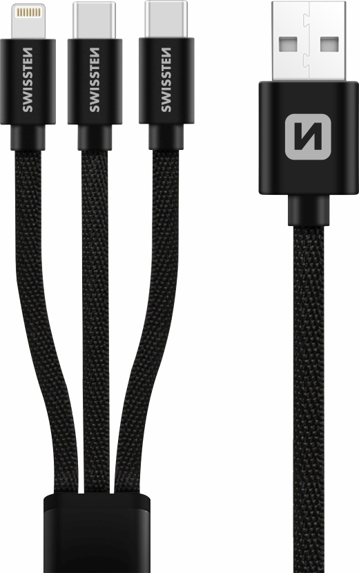 SWISSTEN DATOVÝ KABEL TEXTILE 3in1 1,2 M ČERNÝ (Lightning, 2x USB-C)