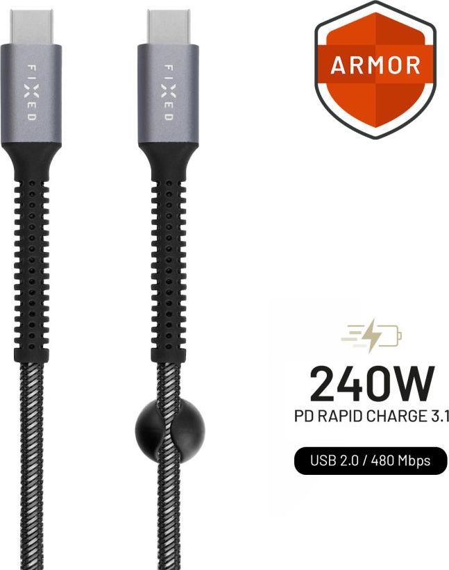 Dlouhý nabíjecí a datový odolný kabel FIXED Armor s konektory USB-C/USB-C a podporou PD, 2m, USB 2.0, 240W, šedý