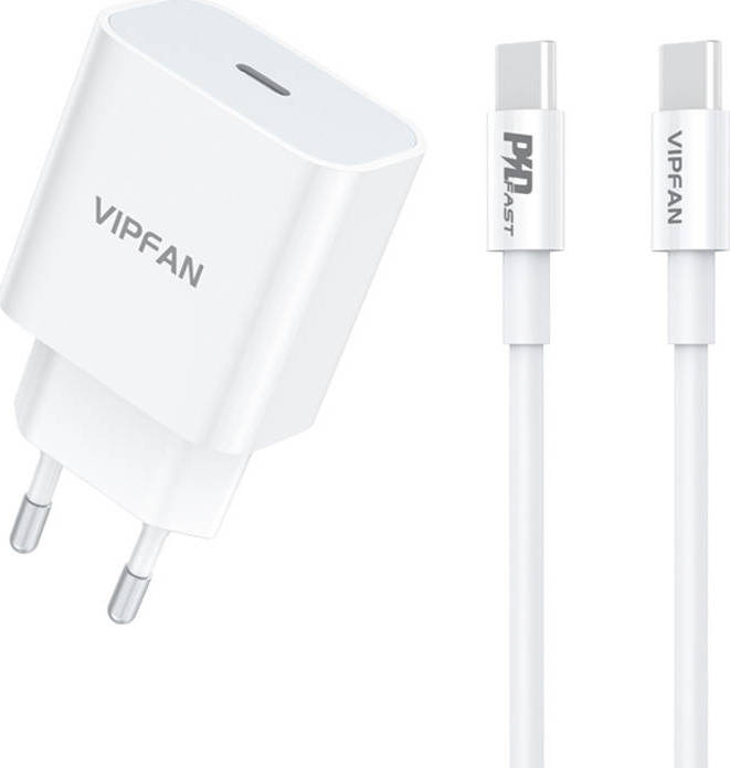 Síťová nabíječka Vipfan E04, USB-C, 20W, QC 3.0 + kabel USB-C (bílá)