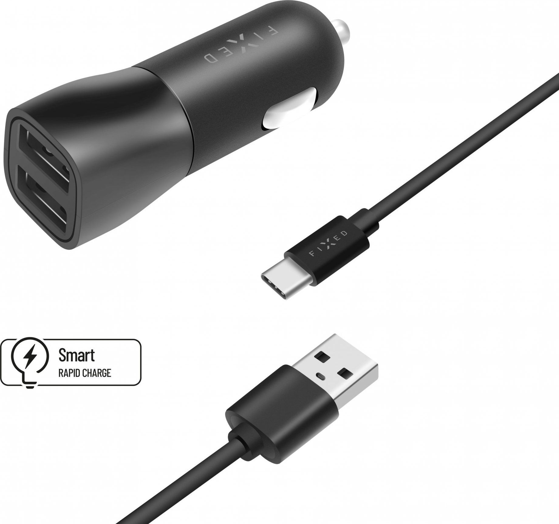 Set autonabíječky FIXED s 2xUSB výstupem a USB/USB-C kabelu, 1 metr, 15W Smart Rapid Charge, černá