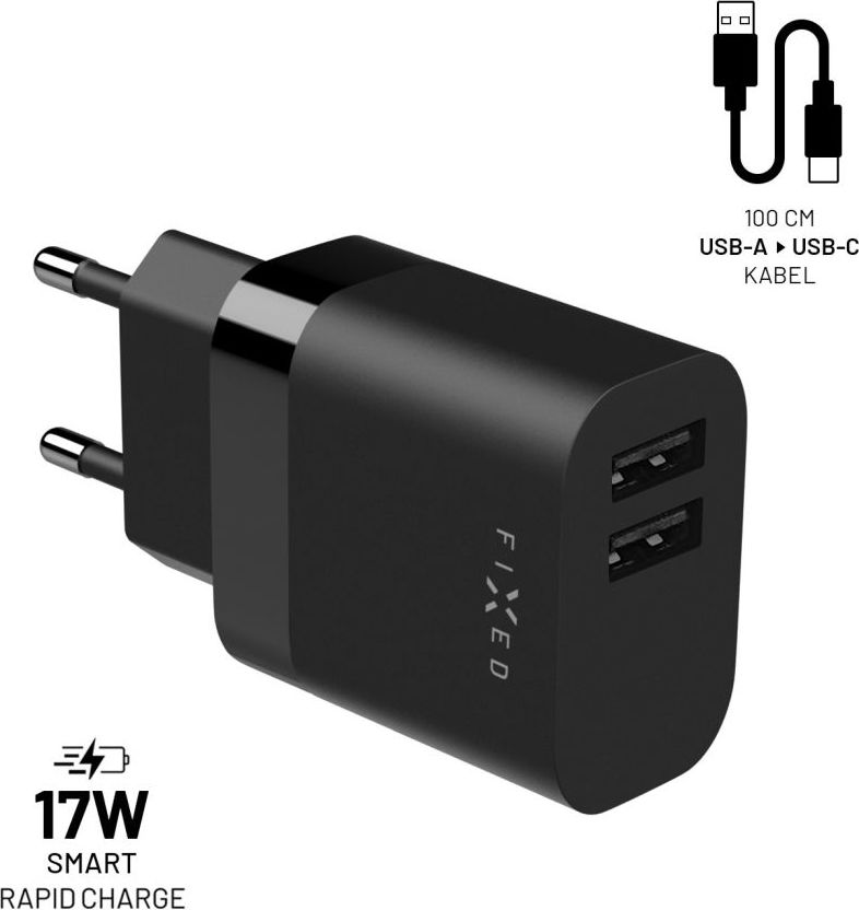 Set síťové nabíječky FIXED s 2xUSB výstupem a USB/USB-C kabelu, 1 metr, 17W Smart Rapid Charge, černá