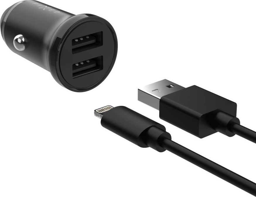 Set autonabíječky FIXED s 2xUSB výstupem a USB/Lightning kabelu, 1 metr, MFi certifikace, 15W Smart Rapid Charge, černá