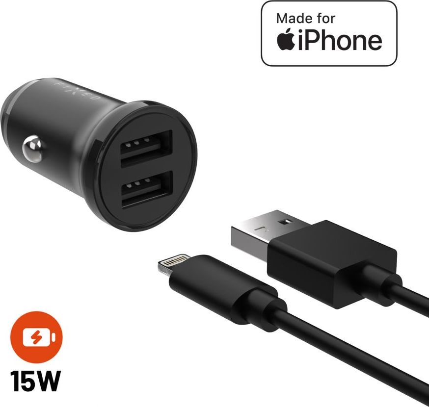 Set autonabíječky FIXED s 2xUSB výstupem a USB/Lightning kabelu, 1 metr, MFi certifikace, 15W Smart Rapid Charge, černá