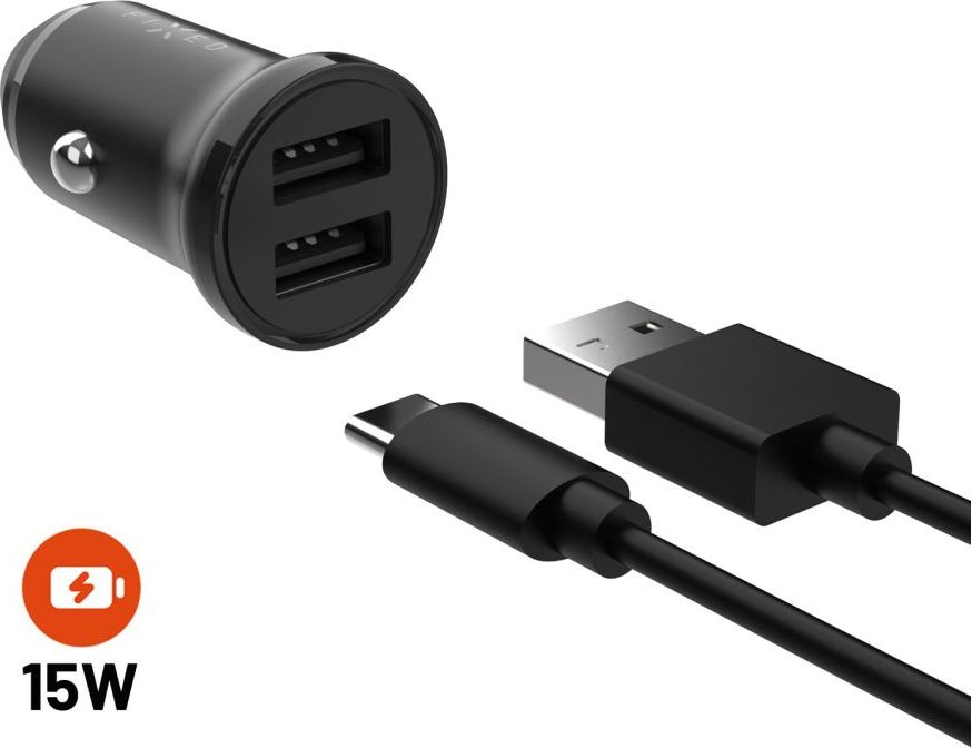 Set autonabíječky FIXED s 2xUSB výstupem a USB/USB-C kabelu, 1 metr, 15W Smart Rapid Charge, černá