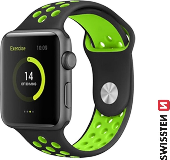 SWISSTEN ŘEMÍNEK PRO APPLE WATCH SILIKONOVÝ - SPORT 42 / 44 / 45 / 49 mm ČERNO/ZELENÝ