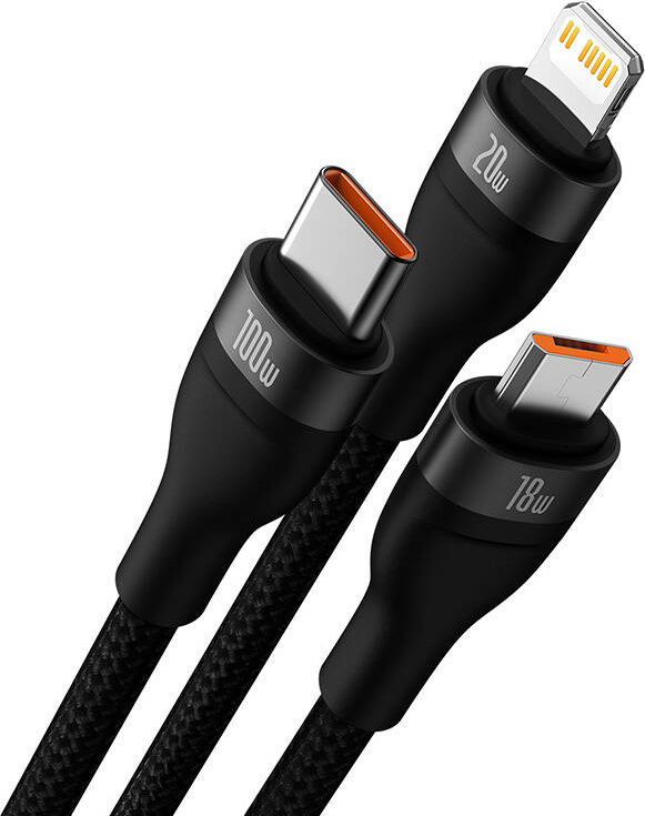 Baseus cable 3in1 Flash II USB + USB-C - Lightning + USB-C + microUSB 1,5 m 3,5A black 100W