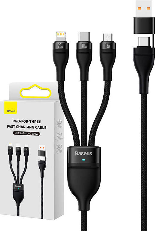 Kabel USB 3v1 Baseus Flash Series 2, USB-C + micro USB + Lightning, 100 W, 1,2 m (černý)