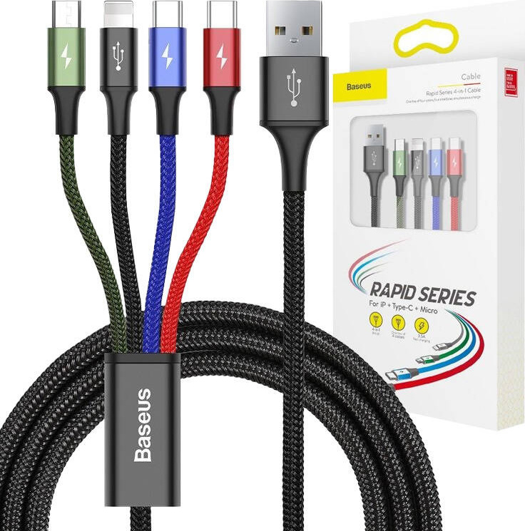 Baseus cable USB 4in1 Lightning / 2x USB Type C / micro USB cable in nylon braid 3.5A 1.2m black (CA1T4-B01)