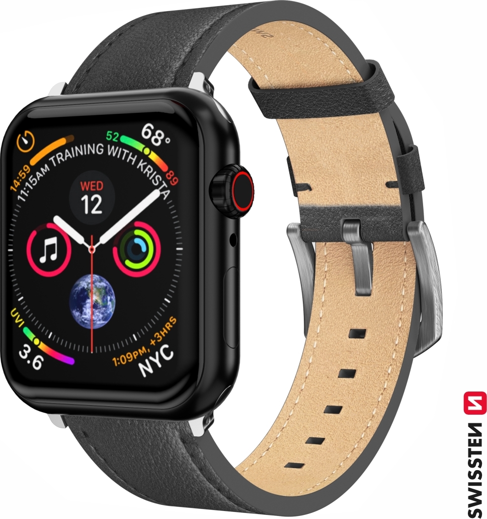 SWISSTEN ŘEMÍNEK PRO APPLE WATCH KOŽENÝ 42 / 44 / 45 / 49 mm ČERNÝ (stříbrná spona a stříbrné poutko)