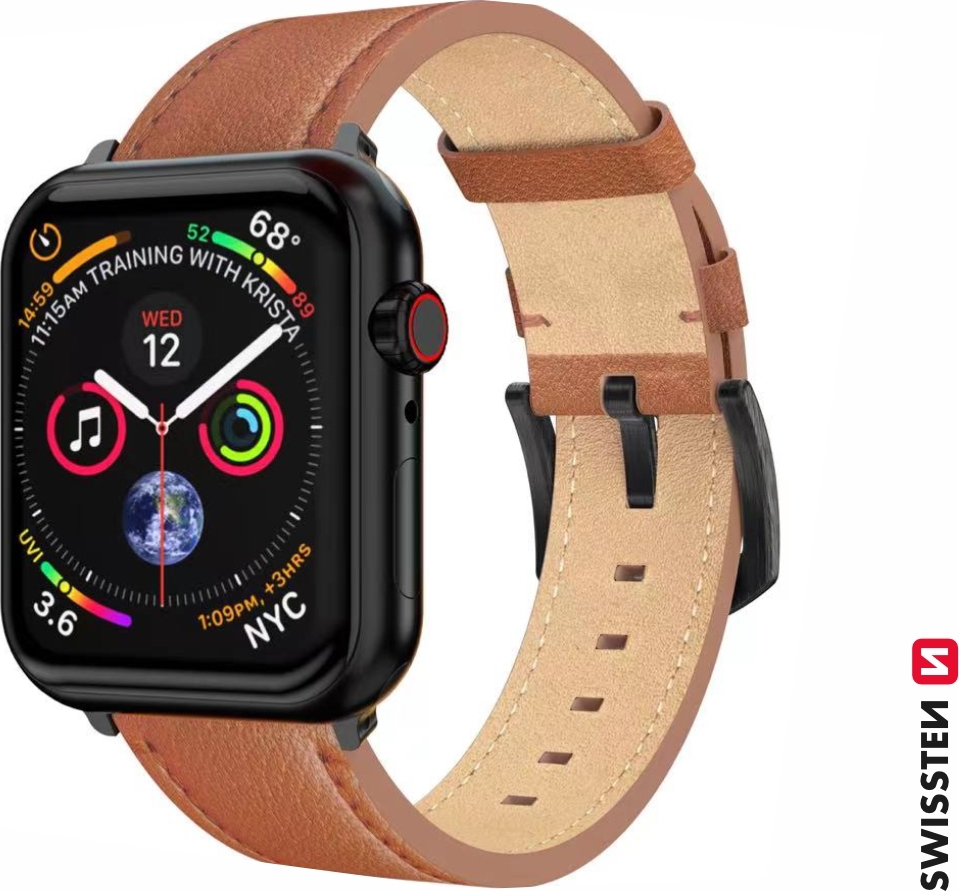 SWISSTEN ŘEMÍNEK PRO APPLE WATCH KOŽENÝ 42 / 44 / 45 / 49 mm HNĚDÝ (černá spona a černé poutko)