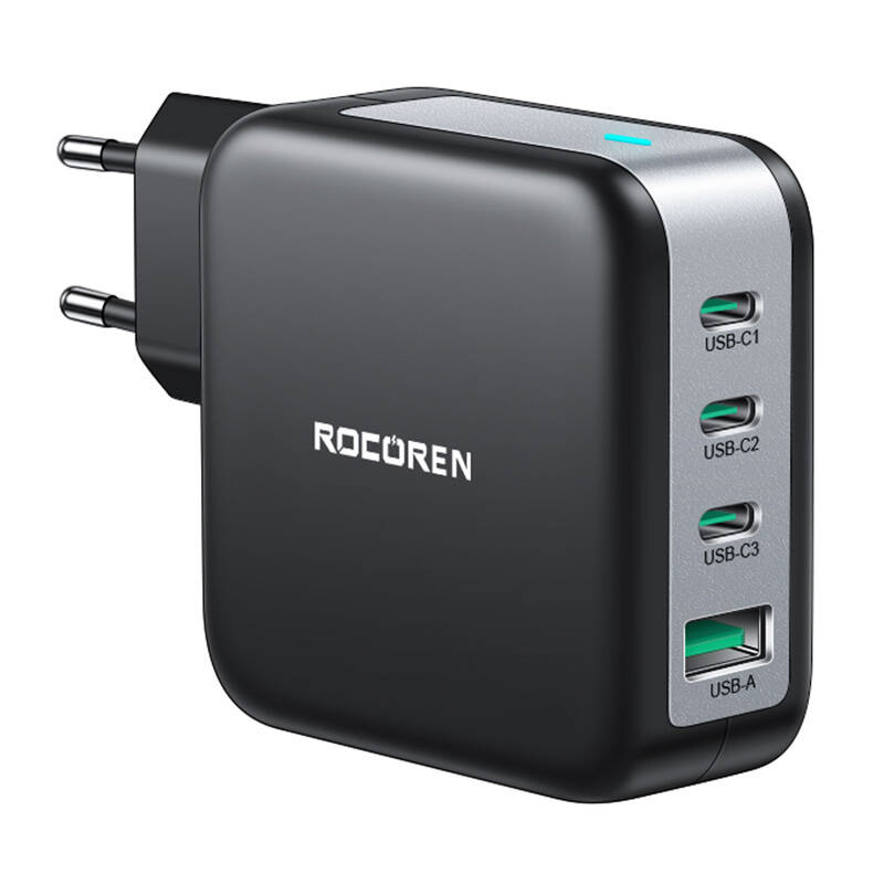 Síťová nabíječka GaN Rocoren 3x USB-C, 1x USB, Power Delivery 3.0, 100W (černá)
