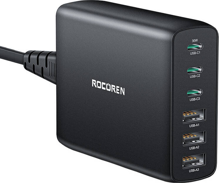 Síťová nabíječka GaN Rocoren 3x USB-C, 3x USB, 100W (černá)